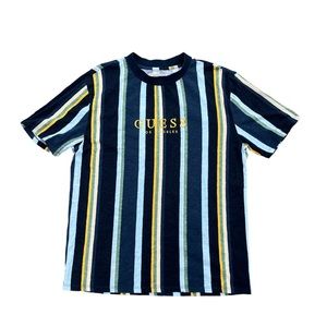 Vintage 90s GUESS Vertical Stripe Rap T Shirt Men's Medium Adult Embroidered